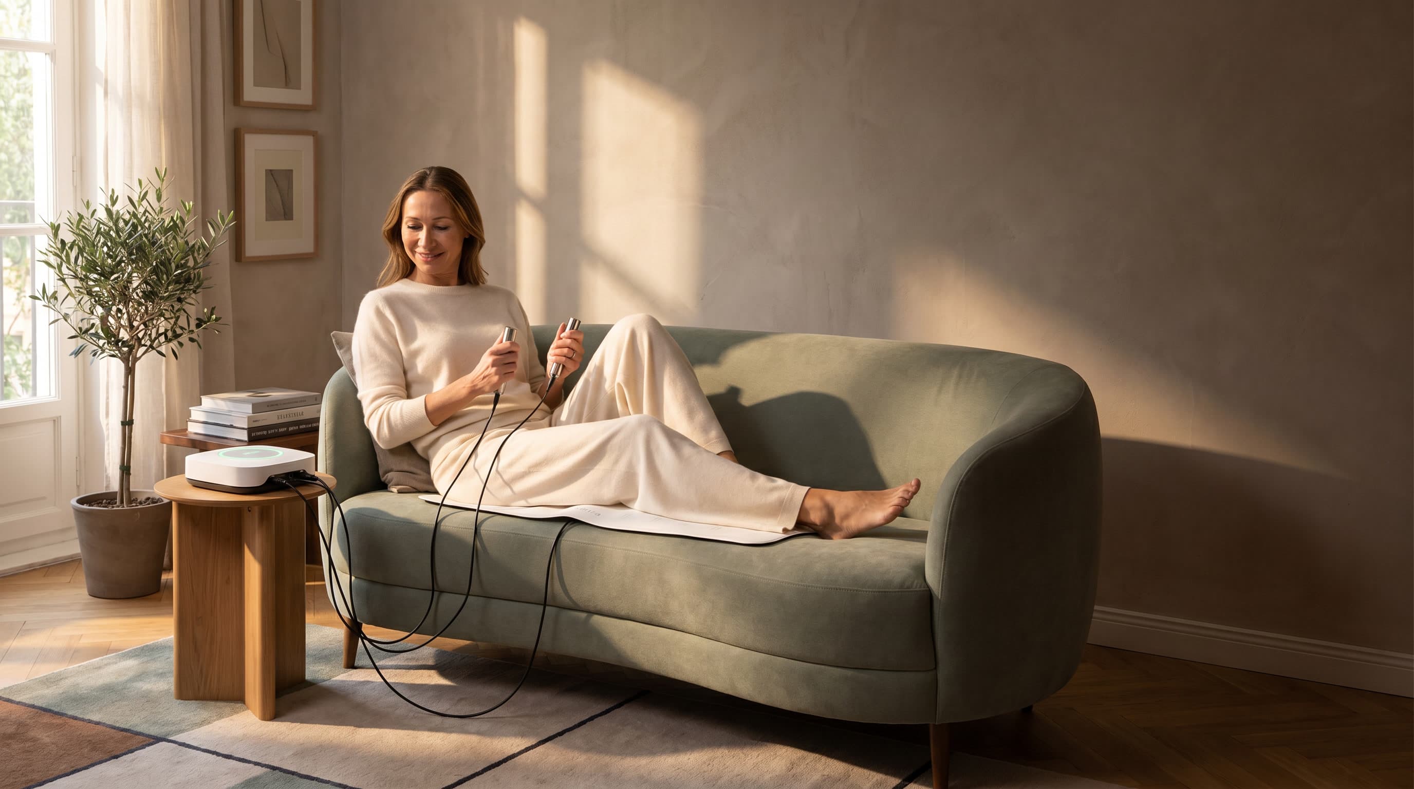 Gemütliche, ruhige Wellness-Ecke zu Hause mit sanftem Licht und edlen Materialien