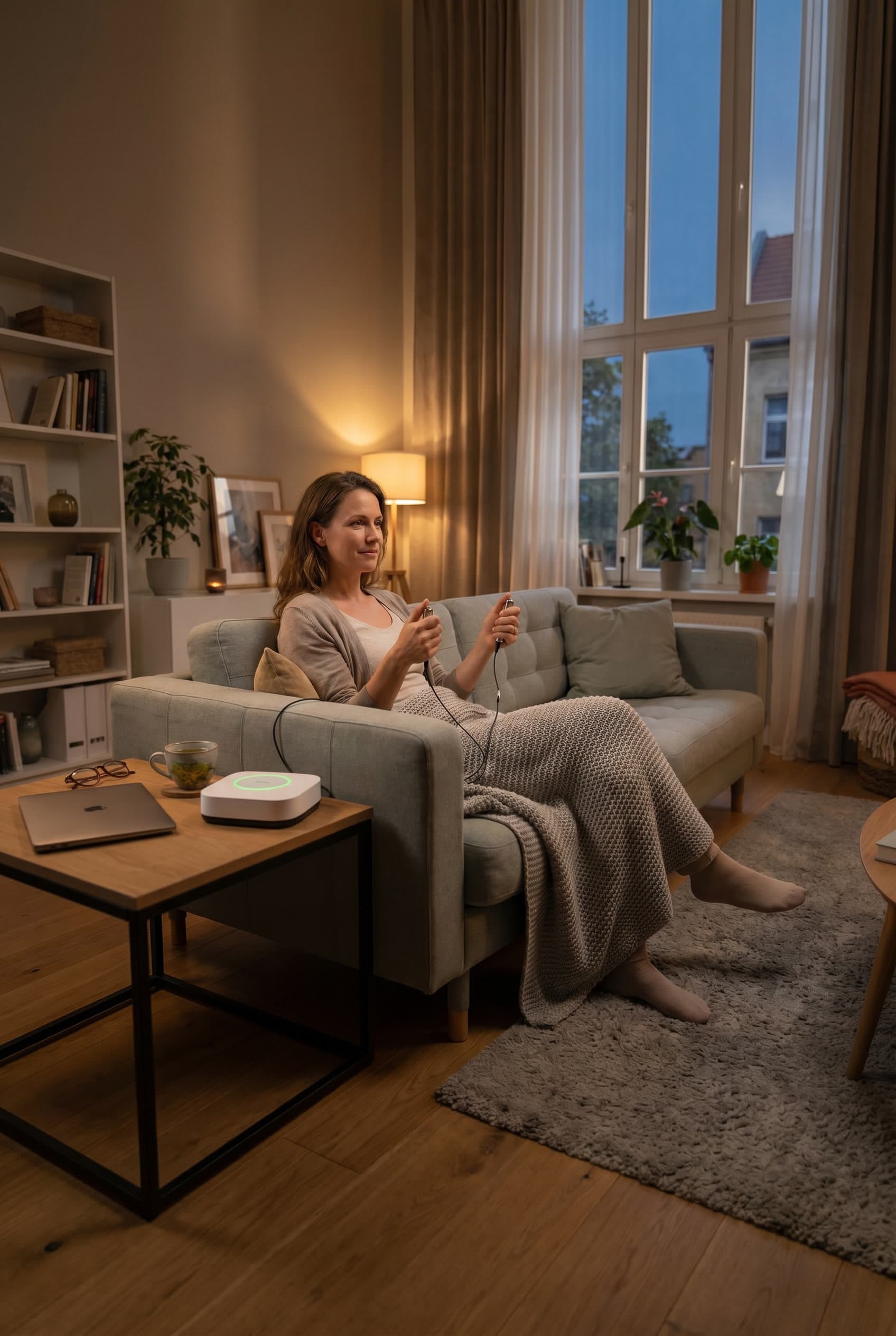 Premium-Redaktionelle Home-Wellness-Szene in warmem Abendlicht